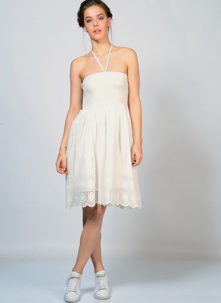 559,99 TL fiyatına Brigitte Bardot Boyun Askılı Beyaz Kadın Mini Elbise