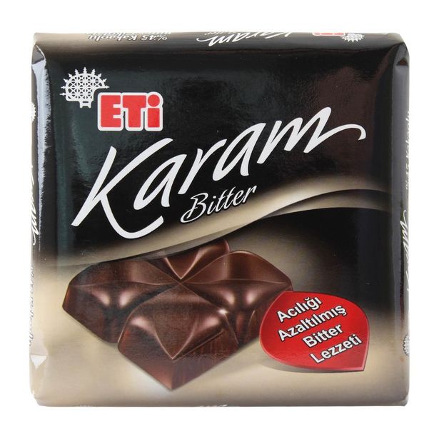 6 TL fiyatına Eti Karam Bitter %45 Kakaolu Kare Çikolata 60 gr