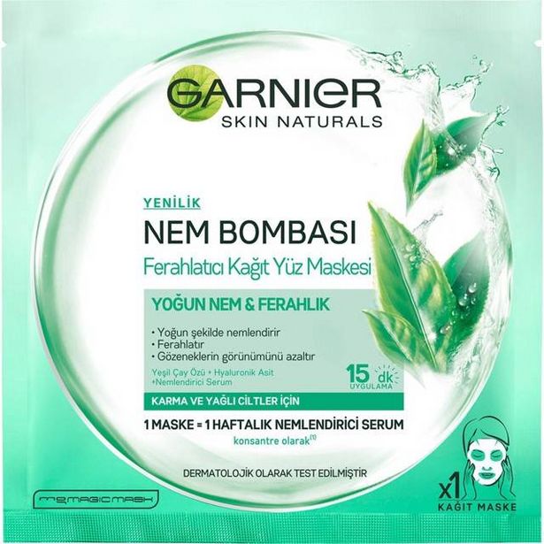 21,9 TL fiyatına Garnier Nem Bombası Ferahlatıcı Kağıt Yüz Maskesi Yağlı Cilt