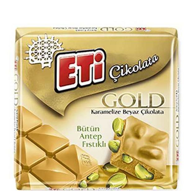 12 TL fiyatına Eti Çikolata Gold Karamelize Beyaz Çikolata 60 Gr Bütün Antep Fıstıklı